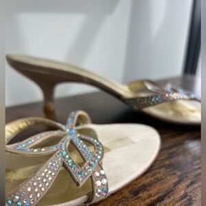 Delman Rhinestone Bow Champagne Satin Kitten Heel Mules Size 11